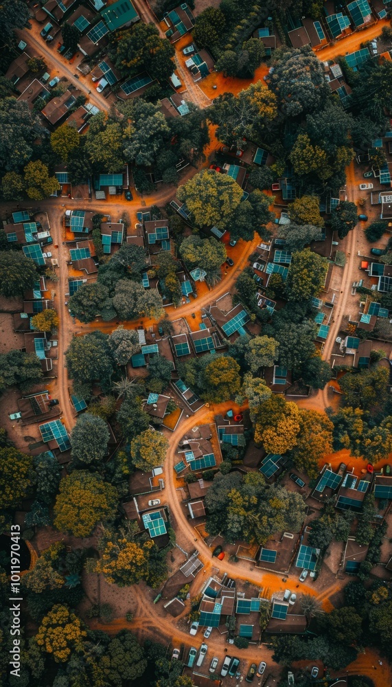 Obraz premium Aerial view of a lush, green neighborhood with winding roads and houses surrounded by trees.