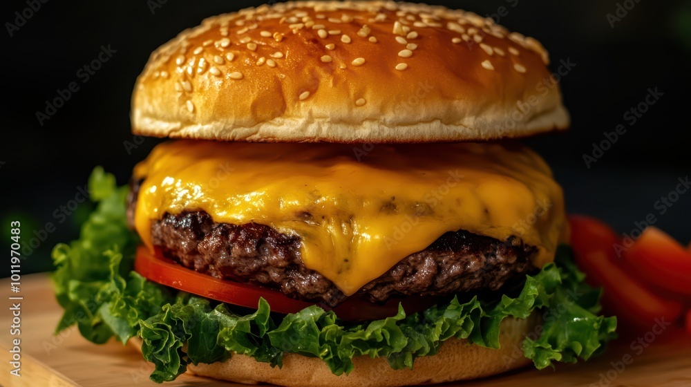 a cheeseburger with lettuce and tomato on a wooden cutting board a cheeseburger with lettuce and tomato on a wooden cutting board