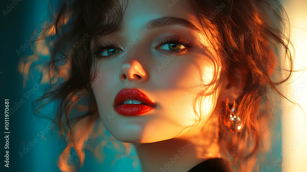 Woman with Red Lips and Sparkling Eyes, Digital Illustration Woman with Red Lips and Sparkling Eyes, Digital Illustration