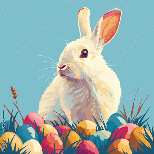 Rabbit Sitting in a Field of Colorful Eggs