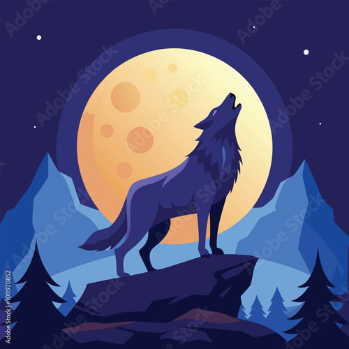 Wolf howling vector illustration at the midnight moon