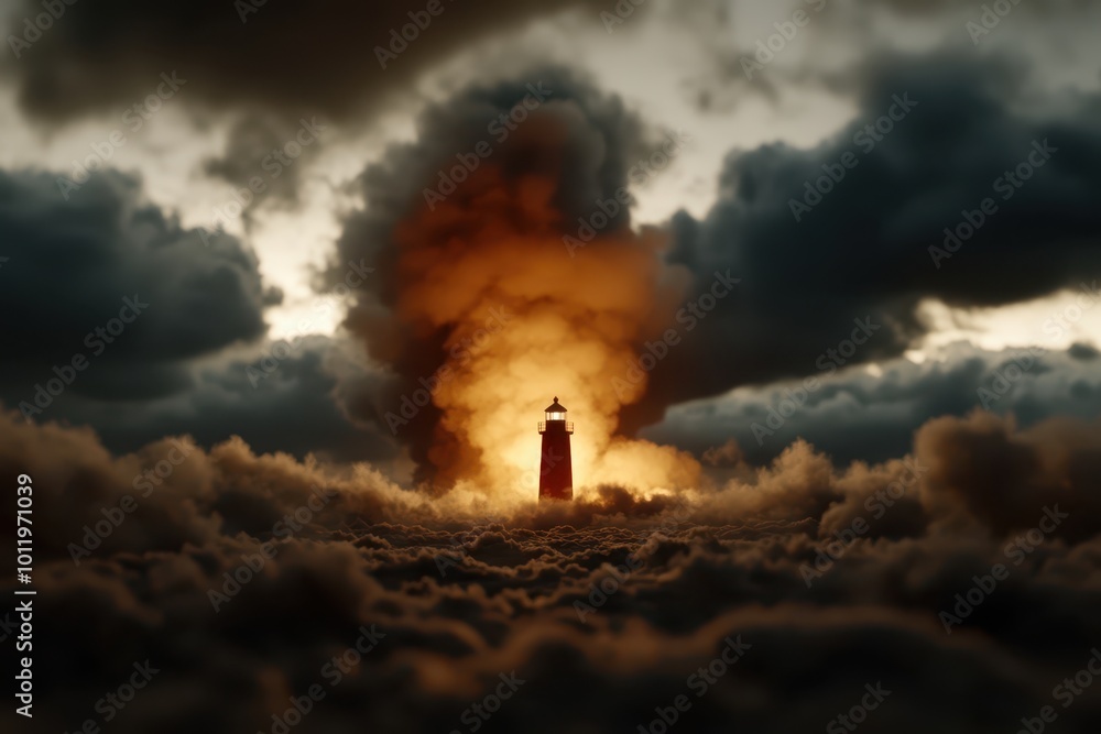 a lighthouse in the clouds with smoke coming out of it a lighthouse in the clouds with smoke coming out of it
