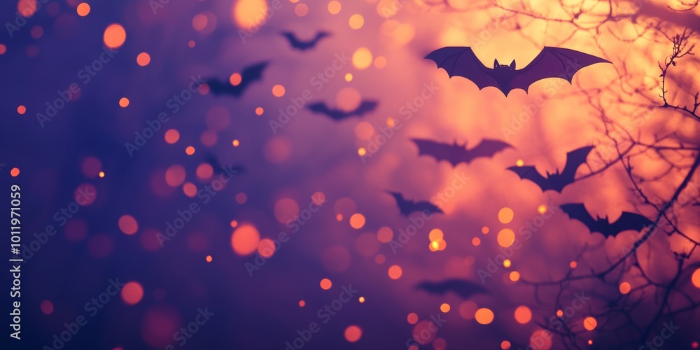 Flying bats with outstretched wings in twilight, surrounded by blurred lights and trees, creating a mysterious and eerie atmosphere. Flying bats with outstretched wings in twilight, surrounded by blurred lights and trees, creating a mysterious and eerie atmosphere.