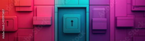 Abstract design featuring a series of colorful, locked boxes with a focal door, symbolizing mystery and creativity.