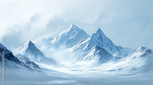 Snow-covered peaks rise majestically against the backdrop of the wintery Alps.