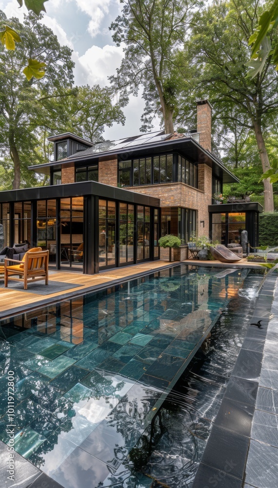 Obraz premium Modern home with a sleek pool and a large patio.