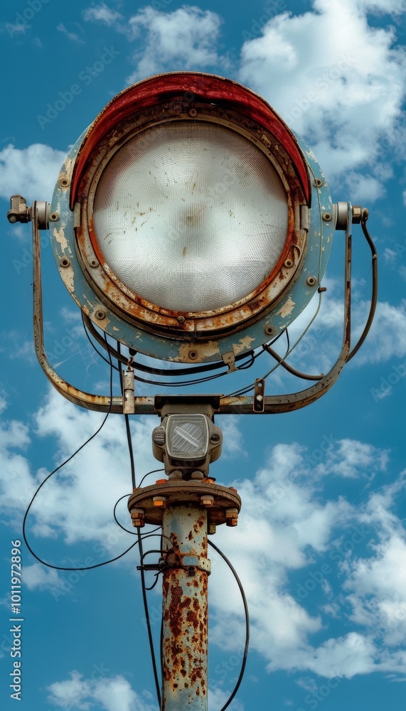 A rusty, old searchlight points towards the sky, with fluffy white clouds. A rusty, old searchlight points towards the sky, with fluffy white clouds.