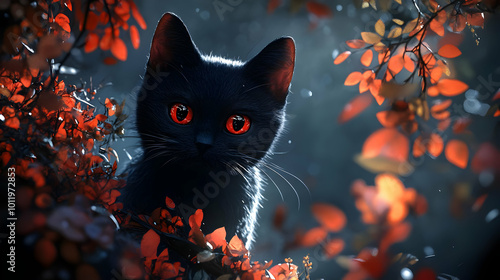 Black Cat with Red Eyes in Autumn Leaves Illustration