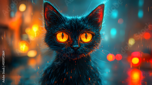 Black Cat with Glowing Eyes in a City at Night Illustration