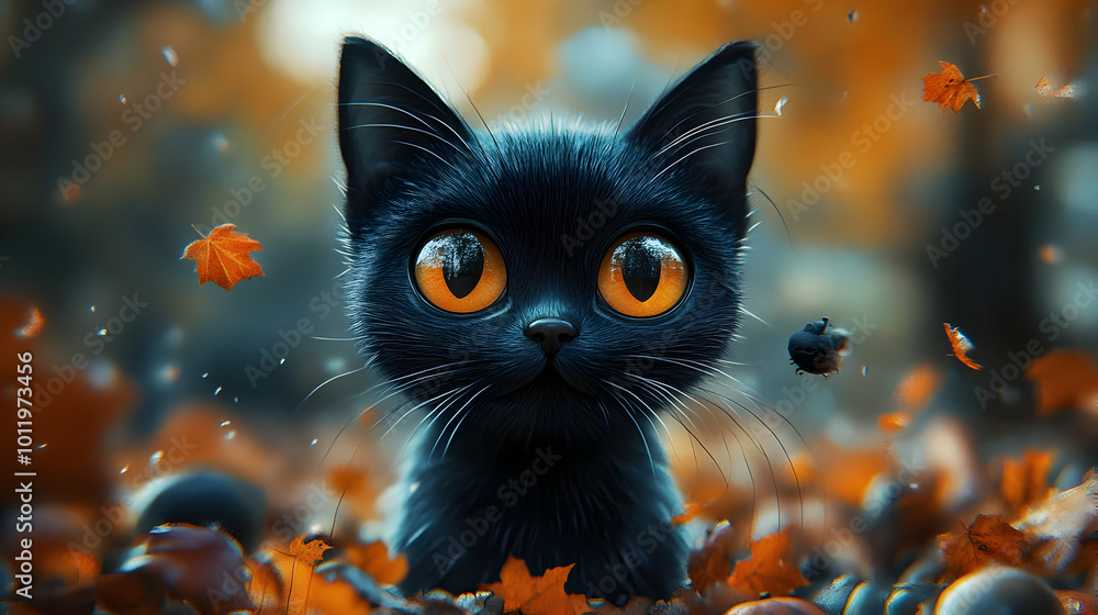 Cute Black Kitten with Big Eyes in Autumn Leaves Illustration Cute Black Kitten with Big Eyes in Autumn Leaves Illustration