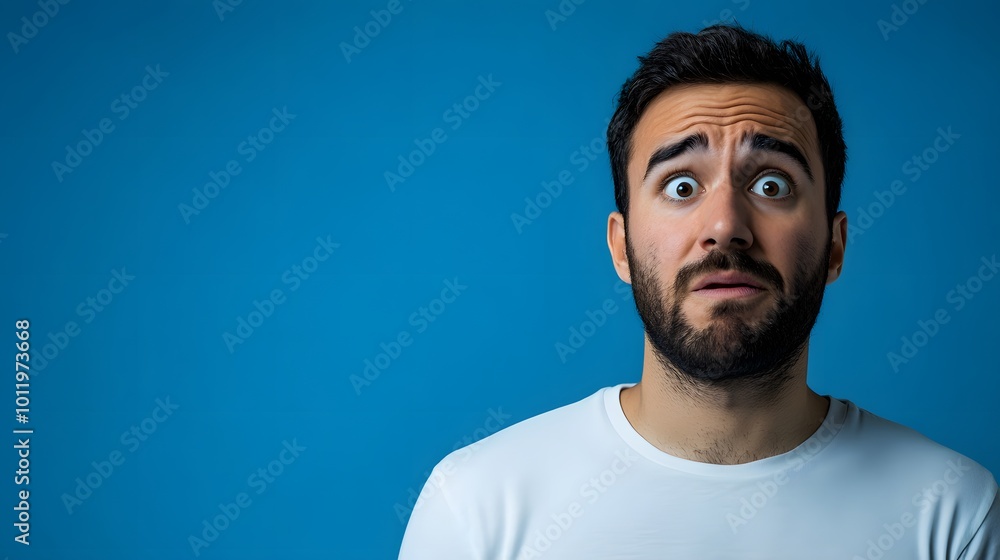 Obraz premium A Young Man with a Staring Expression and a Slight Open Mouth, Wearing a White T-Shirt Against a Blue Background