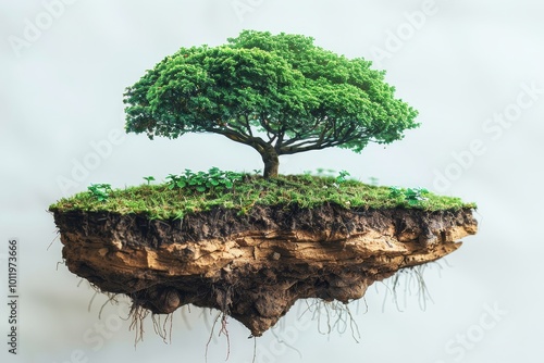 A lush green floating tree with roots extending downward against a white background photo