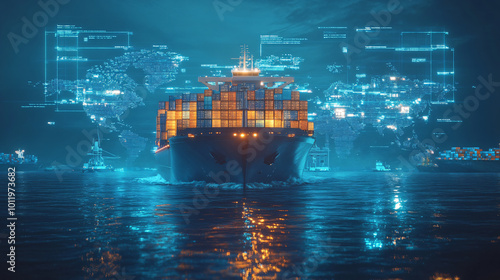 Futuristic cargo container ships utilize technology for global logistics, employing world maps and supply chain networks 