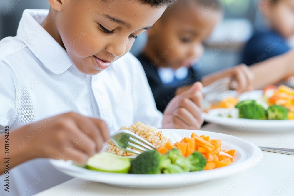 A group of schoolchildren eats healthy food during their break A group of schoolchildren eats healthy food during their break