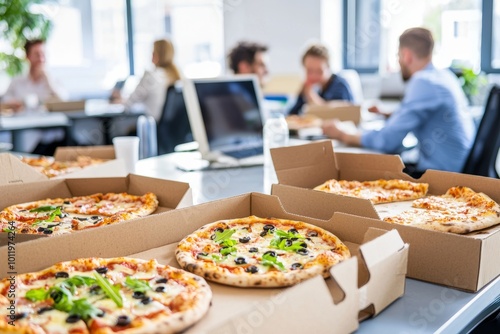 An office coworker and a colleague eating pizza at lunch.