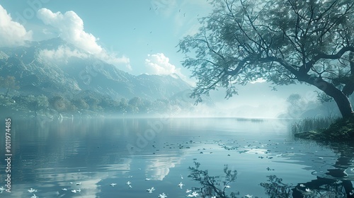 Serene Lake Landscape with Misty Mountains and Tranquil Waters