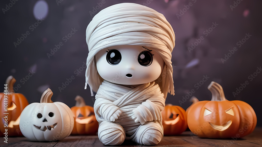 Cute chibi style mummy surrounded by Halloween theme attributes Cute chibi style mummy surrounded by Halloween theme attributes