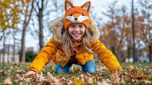 A little girl in a fox cap playing in an autumn forest. Quadrobics sport, all fours activity and quads subculture concept. Lifestyle shot for poster, demonstration  photo