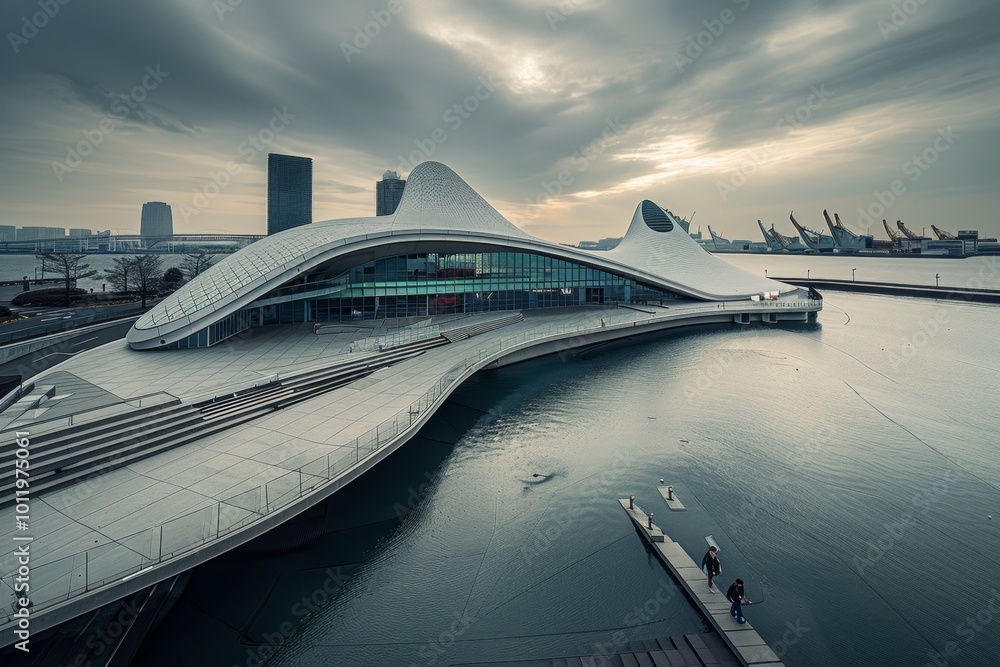 A modern white building with a unique curved design sits on the water's edge, overlooking a calm bay with a pair of people walking on a dock. A modern white building with a unique curved design sits on the water's edge, overlooking a calm bay with a pair of people walking on a dock.