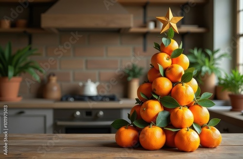 A sustainable Christmas tree made from fresh oranges, set in a rustic kitchen with empty background for text on the left, ideal for eco-friendly holiday decor promotions