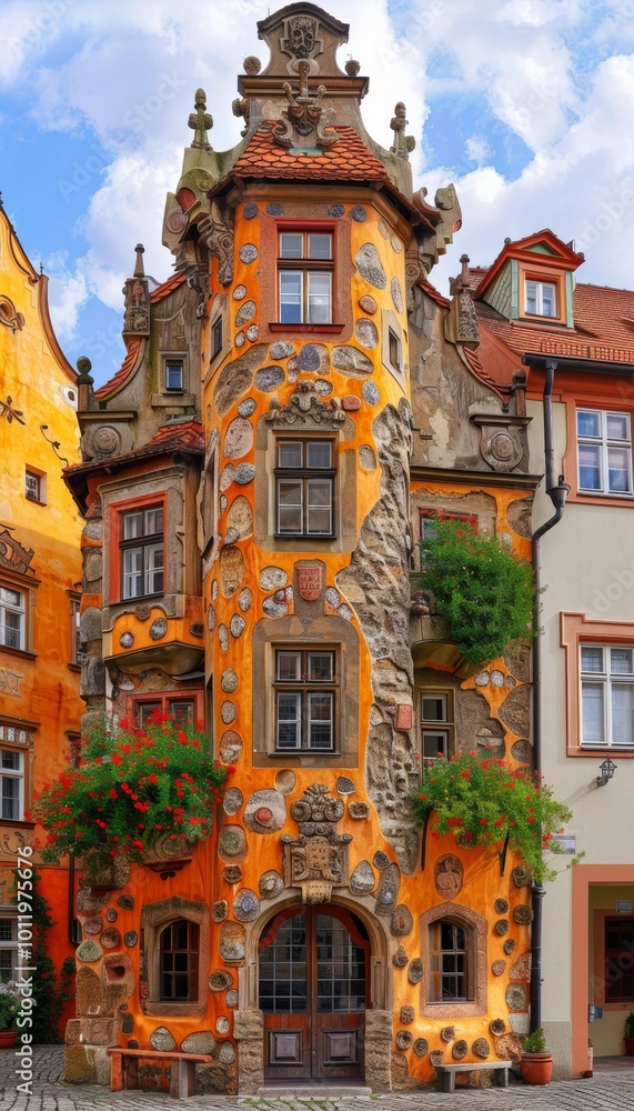 Fototapeta premium A colorful and whimsical building with an intricate facade and multiple windows, standing out against the blue sky.
