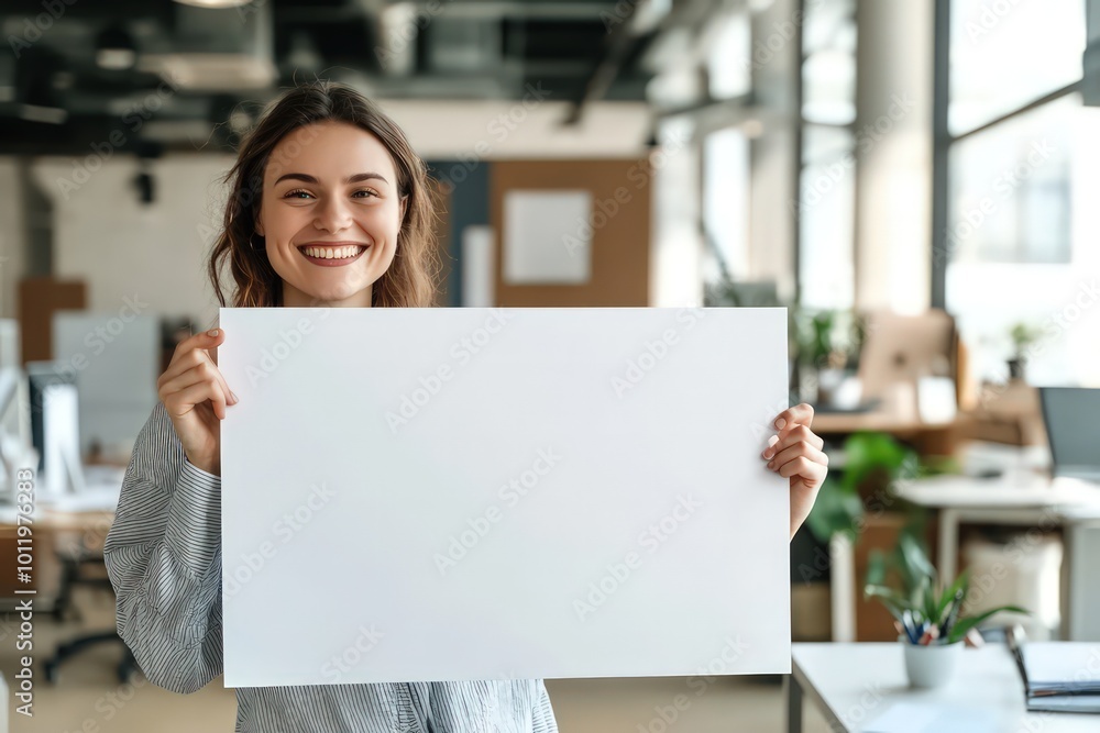 create a realistic photograph of a happy professional in an office holding up a blank poster, atmosphere warm and inviting 