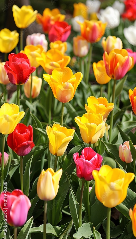 A vibrant field of colorful tulips in full bloom, showcasing a variety of hues, from bright red to soft pink. A vibrant field of colorful tulips in full bloom, showcasing a variety of hues, from bright red to soft pink.