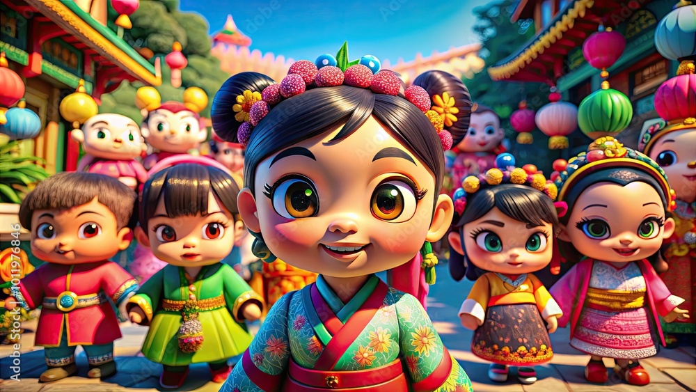 Colorful Asian Cartoon Characters in Playful Scenes with Fun Themes and Vibrant Backgrounds Colorful Asian Cartoon Characters in Playful Scenes with Fun Themes and Vibrant Backgrounds