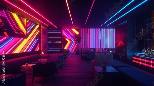 Experience the vibrant fusion of neon and linear illumination against a captivating backdrop. This mesmerizing combination electrifies your space photo