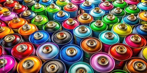 Colorful assortment of aerosol spray cans in a variety of shades arranged on a clean surface