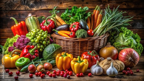 Colorful assortment of fresh vegetables and fruits displayed on a rustic wooden kitchen table