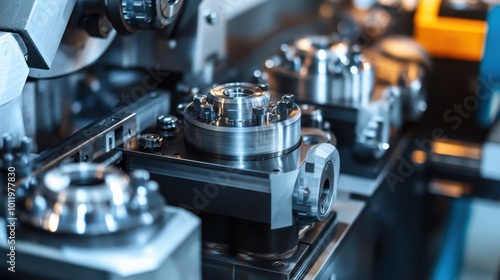 Close-up of industrial equipment in motion, producing parts with high precision and speed.