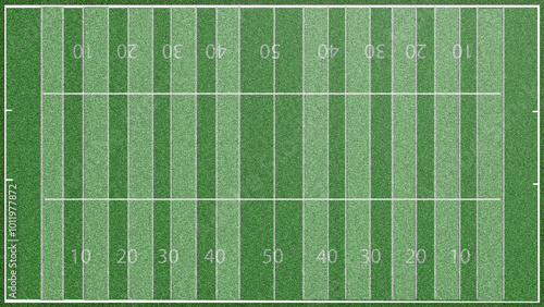 An American football field viewed from above, with vibrant green grass, crisp white yard lines, and end zones marked, creating a striking grid pattern