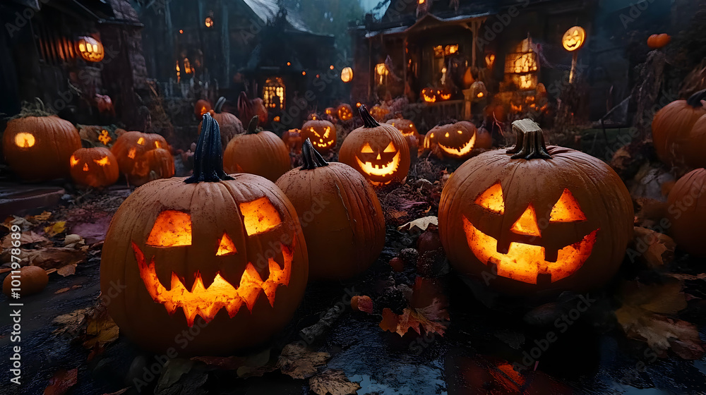 Halloween Pumpkins with Glowing Faces Realistic Image Halloween Pumpkins with Glowing Faces Realistic Image