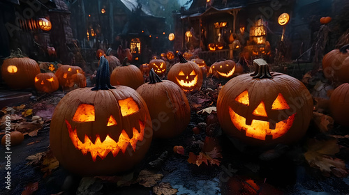 Halloween Pumpkins with Glowing Faces Realistic Image