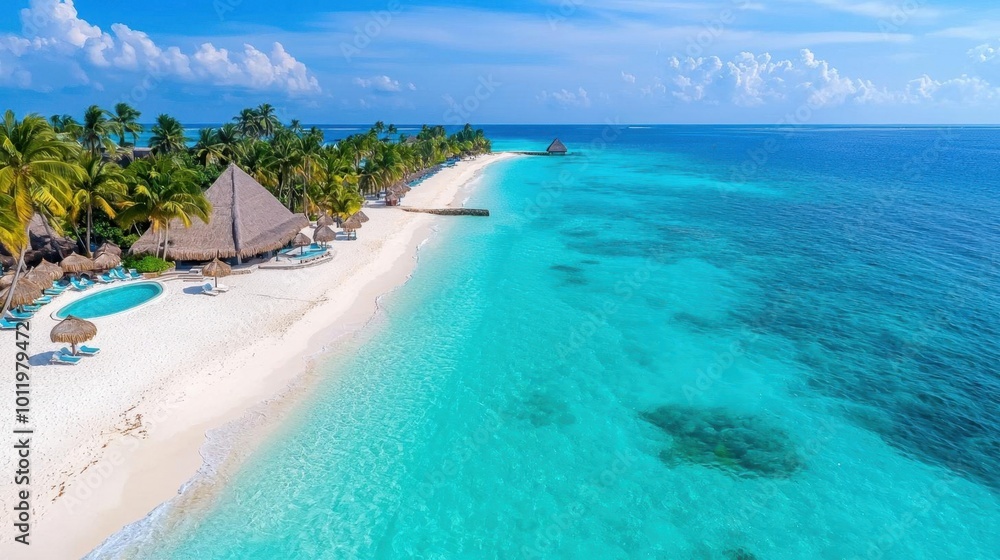 Fototapeta premium A photostock image of a luxurious beachfront resort with white sand, palm trees, and turquoise water