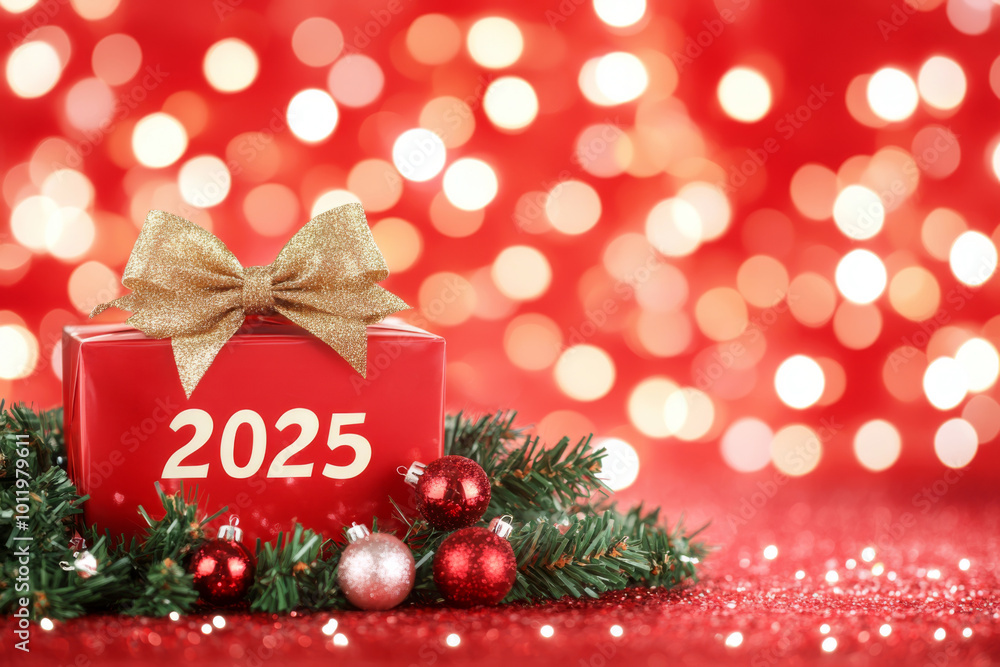 Red gift box with golden bow and christmas decoration on bokeh background Red gift box with golden bow and christmas decoration on bokeh background