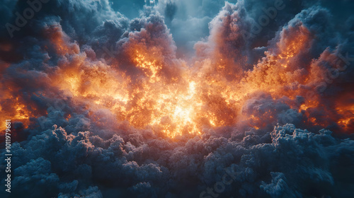 Fiery Explosion in Dark Clouds - 3D Illustration