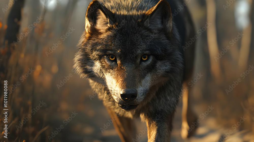 Fototapeta premium Close Up of a Wolf with Yellow Eyes in the Forest - Realistic Image