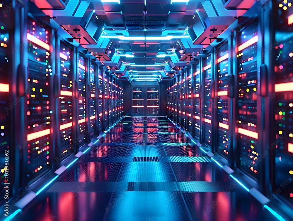Obraz premium Futuristic Quantum Server Room Powering the Global Internet Backbone