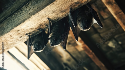 Brown bats hanging upside down under the wooden roof of a barn