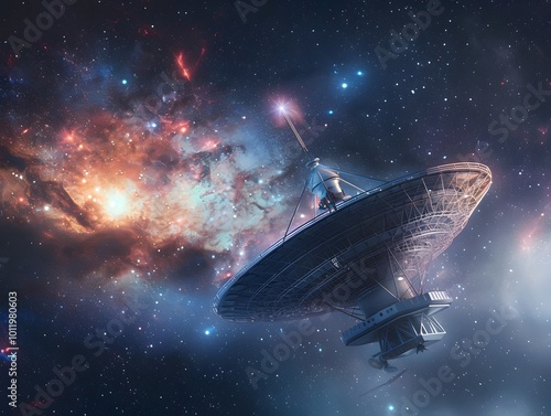 Fototapeta Naklejka Na Ścianę i Meble -  Massive Interstellar Communication Relay Station Floating in Deep Space Beaming Across Galaxy