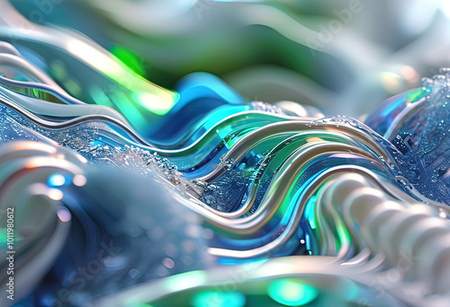 background twisted textures of 3D pearlescent neon glass and metal in abstract chaotic structure