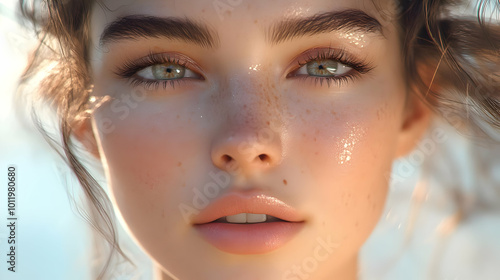 Close Up Portrait of a Woman with Green Eyes and Freckles - 3d Illustration