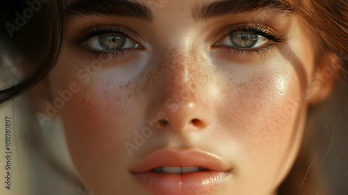 Closeup Portrait of Woman's Face with Freckles and Green Eyes - 3D Illustration