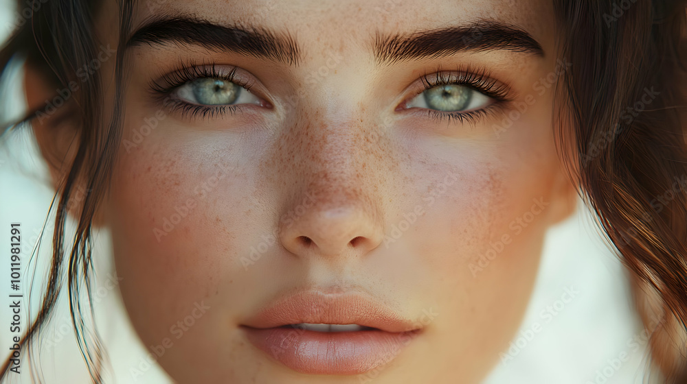 Closeup Portrait of Woman with Freckles and Green Eyes - 3D Illustration Closeup Portrait of Woman with Freckles and Green Eyes - 3D Illustration