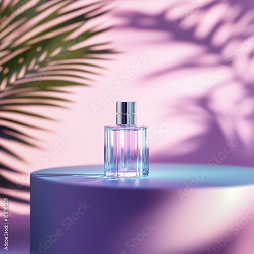 a bottle of perfume sitting on a table with a palm tree in the background photo