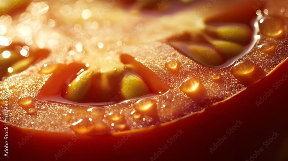 A close-up of a ripe tomato slice with seeds, highlighting the freshness and natural texture of the vegetable A close-up of a ripe tomato slice with seeds, highlighting the freshness and natural texture of the vegetable