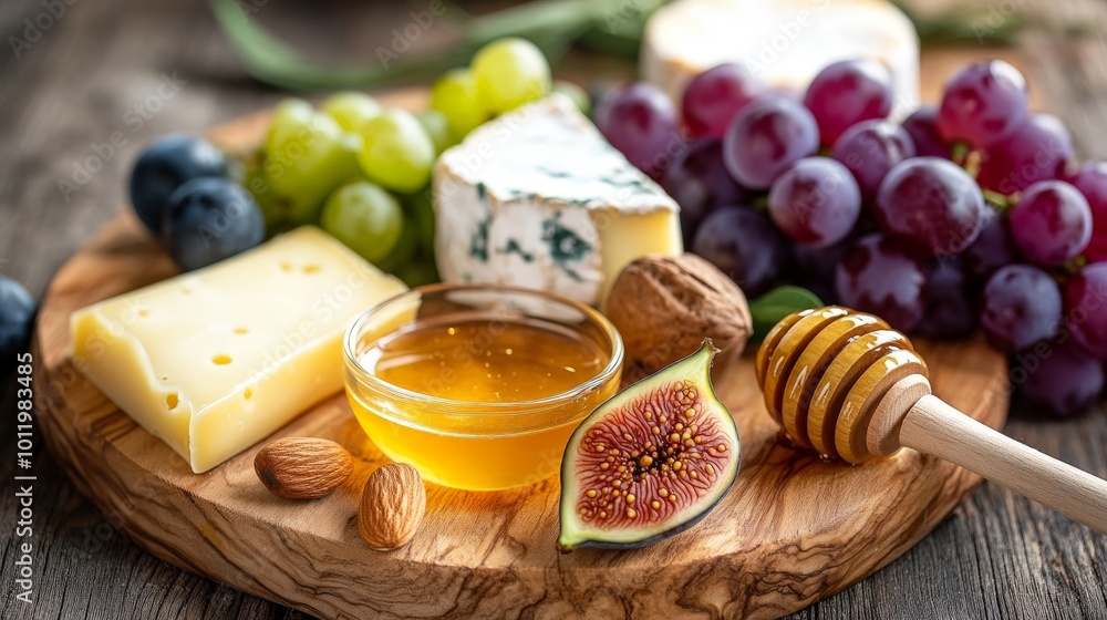Rustic Gourmet Cheese Board with Honey, Grapes, and Figs for Fine Dining and Culinary Display Rustic Gourmet Cheese Board with Honey, Grapes, and Figs for Fine Dining and Culinary Display