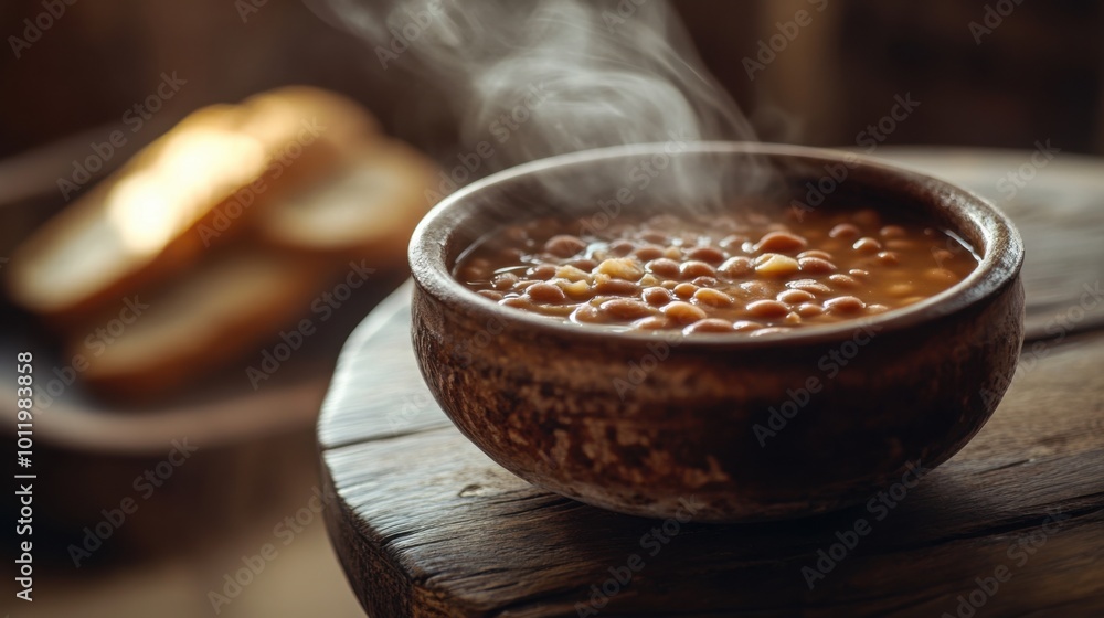 steaming bowl of hearty bean soup, served with crusty bread on a rustic wooden table steaming bowl of hearty bean soup, served with crusty bread on a rustic wooden table